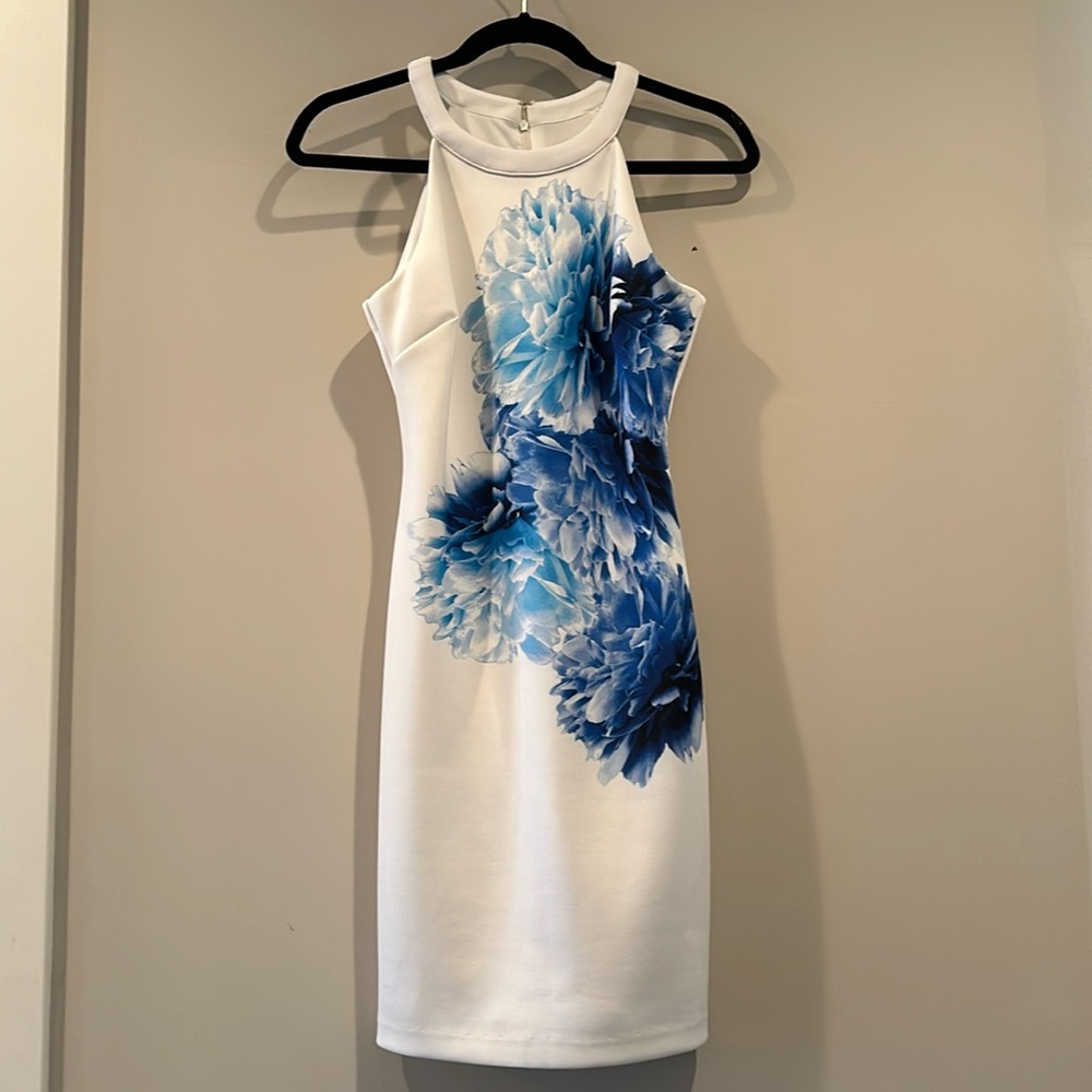 Women’s White Halter Sheath Dress with Blue Floral Print